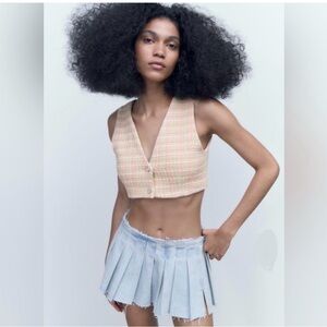 ZARA TWEED PINK AND GREEN CROPPED TOP